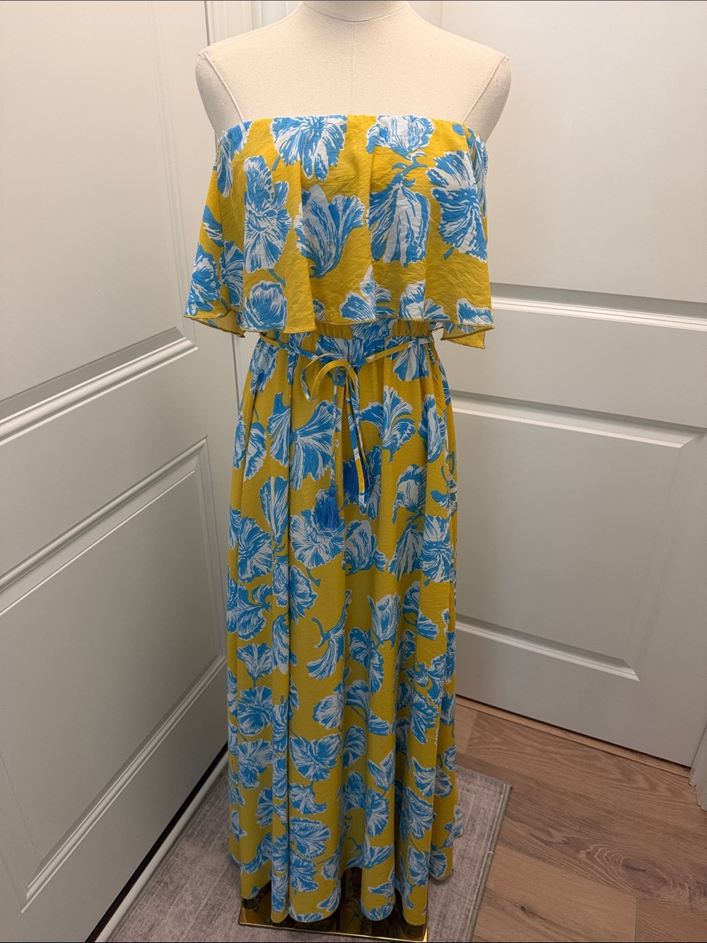 Aakaa Yellow Strapless Floral Maxi Dress with Blue Print